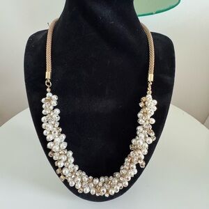 Statement Necklace Faux Pearl Cluster with Rhinestones & Gold Tone Mesh Chain
